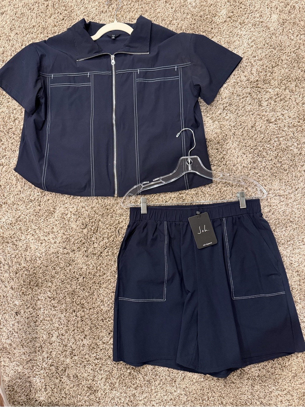 Joh Navy Contrast-Stitch Short Set - Zip Front Top & Elastic Waist Shorts